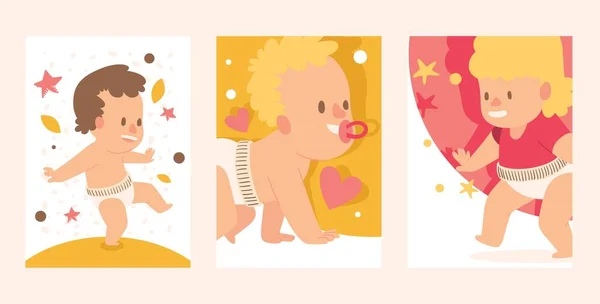 Conjunto de bebês ambulantes, menina e menino em ilustração de vetor de fralda limpa. Crianças felizes aprendem, dão os primeiros passos. Sorrisos de bebé, rastejamentos —  Vetores de Stock
