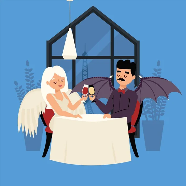 Ημερομηνία άγγελος και δαίμονας με φτερά, γυαλί ποτό διανυσματική απεικόνιση. Κορίτσι με ξανθά φτερά και μαλλιά κάθεται στο τραπέζι με σκοτεινό άντρα — Διανυσματικό Αρχείο