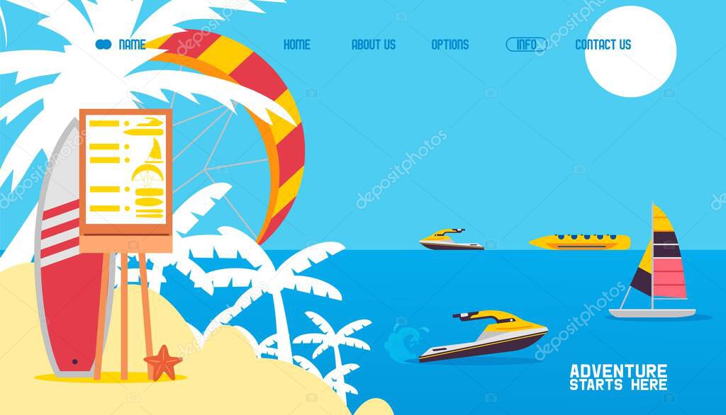 Sea activities result, water transport rental, water scooter, jet ski vector illustration. Price list sign at beach resort