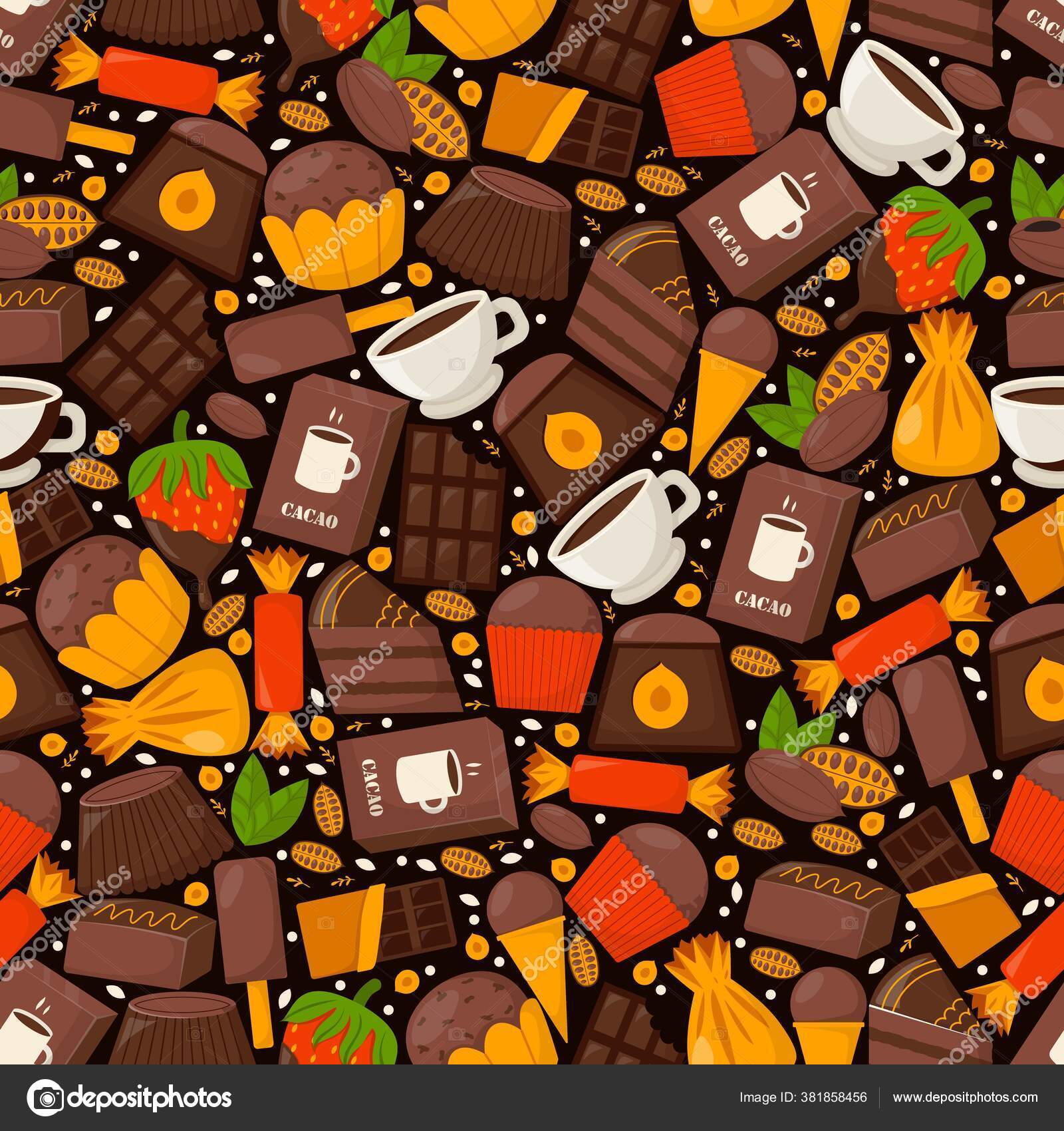 Image vectorielle Modèle de produit au chocolat, cacao, café et cupcake,  illustration vectorielle. Bonbons de fèves de cacao tropicales, crème  glacée, bonbons par ©adekvat - 381858456, image size:1600x1700