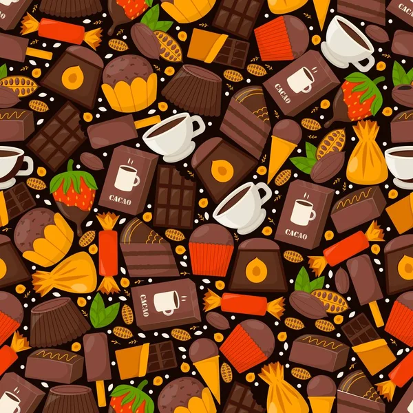 Padrão de produto de chocolate, cacau, café e cupcake, ilustração vetorial. Doces de feijão de cacau tropical, sorvete, doces — Vetor de Stock