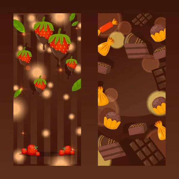 Schokolade Erdbeere, Cabdy und Kuchen Vektorillustration. Hintergrund-Set Kakao-Dessert, vertikale Flyer Konditorei, natürliche — Stockvektor