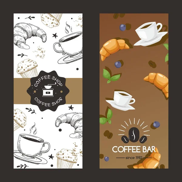 Coffeeshop und Bar seit Jahr Logo Vektor Illustration. Cafe Flyer Set Tasse mit Getränk, Croissant, Cupcake und Beere. — Stockvektor