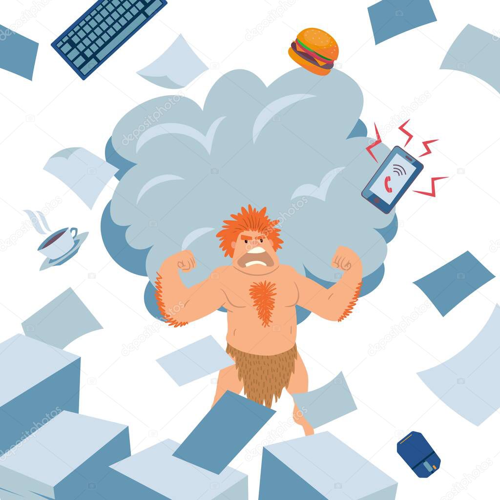 Cave man angry office worker vector illustration. Unassigned person to work, primitive instinct. Character guy with loincloth