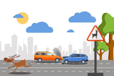 Yol vektör çiziminde vahşi bir geyik kazası. Arabalar işaret uyarı hareketi yakınında çarpışır orman hayvanları. Korkmuş geyik koşusu
