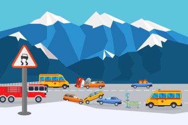 Trafik kazası yerinde canlandırma, vektör illüstrasyonu. Dağın yakınındaki çarpışan araba, yaralılara dikkat edin.