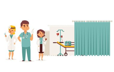 Reanimasyon merkezi, tıbbi yardım vektör çizimi. Ambulans profesyonel takımı, doktor karakter ve hemşire.