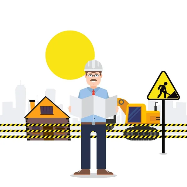 Under construction worker engineer, vector illustration. Conducting construction under guidance man in helmet. Object at work — Stock Vector