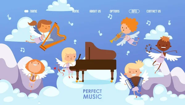 Crianças Coupidone jogar perfeita ilustração vetor de música. Personagens de menino e menina tocam piano, harpa, pandeiro, trompete e acordeão —  Vetores de Stock