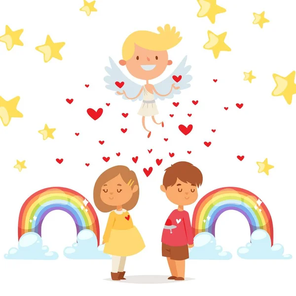 Kupidon łączy serca dzieci, ilustrację wektora. Chłopiec i dziewczyna postać zakochują się w sobie, między nimi małe serce — Wektor stockowy