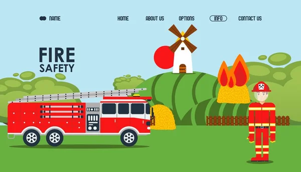 Seguridad contra incendios página web en línea, ilustración de vectores. Servicio de bomberos sitio oficial, bombero en chaqueta protectora cerca del coche. Haystack quemadura — Vector de stock