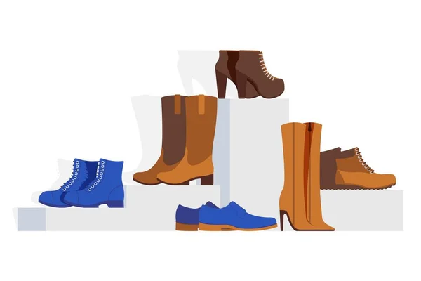 Vrouwen verschillende type schoenen collectie, vector illustratie. Vitrine online schoeisel winkel stiletto 's, enkel, westerse laarzen — Stockvector