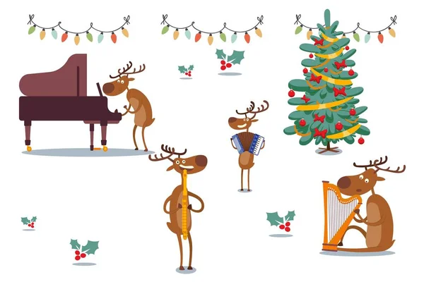 Deers character musical band at holidays, vector illustration. Animal plays piano, accordion, flute and harp near decorated Christmas tree. — Stock Vector