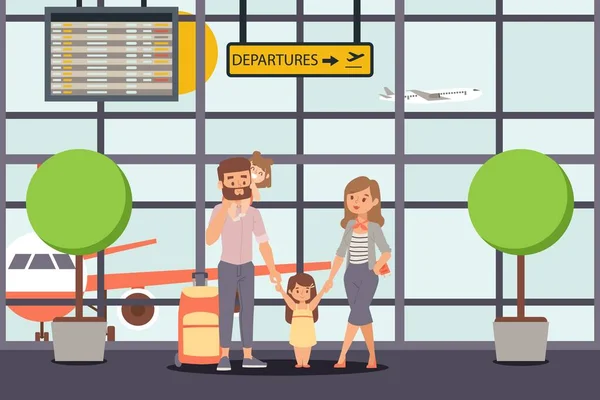 Aile tatile, havaalanı kalkış vektör çizelgesi. Çocuklarla mutlu bir ebeveyn, seyahatten önce kızları.. — Stok Vektör