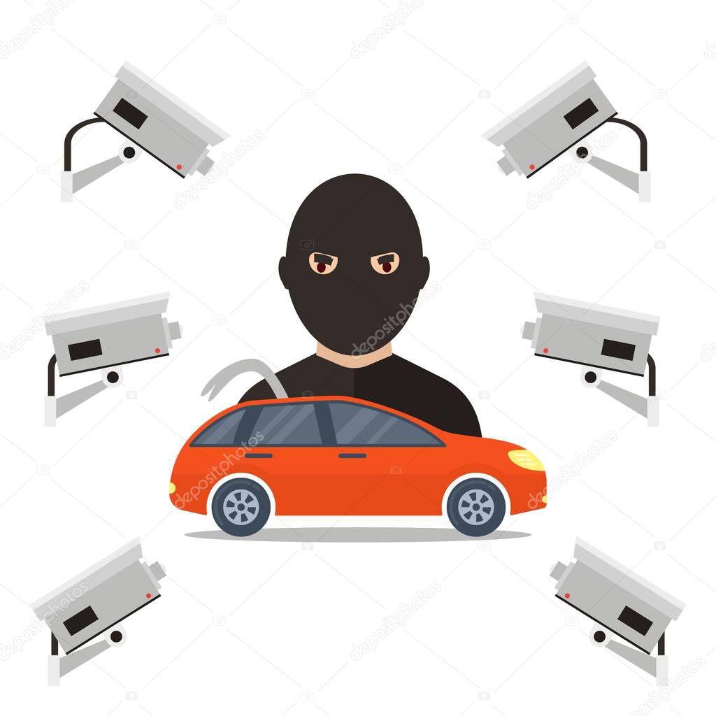 Security camera for car thief, vector illustrartion. cartoon. Security system to prevent stealing property. Bandit in mask