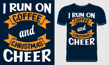 Kahve ve Noel tezahüratıyla koşarım. Mavi Arkaplanda Vektör Resimleri. Pankart için vektör şablonu, tipografi posteri, broşür, tebrik kartı, kartpostal.