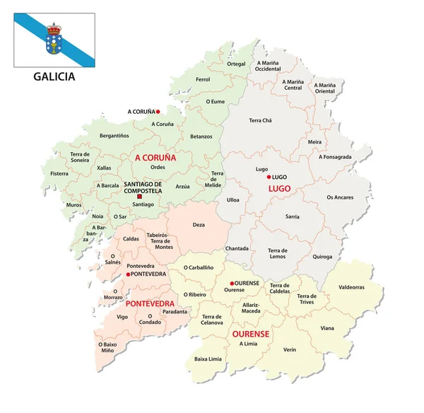 Galicia Mapa Vectorial Administrativo Político Con Bandera España — Archivo Imágenes Vectoriales