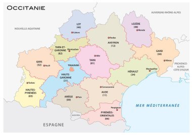 İdari ve siyasi vektör harita occitanie bölgenin, Fransa