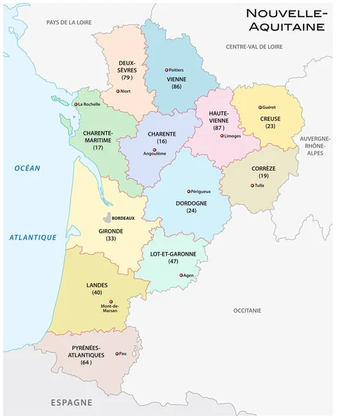 Mappa Vettoriale Amministrativa Politica Della Regione Nouvelle Aquitania Francia — Vettoriale Stock