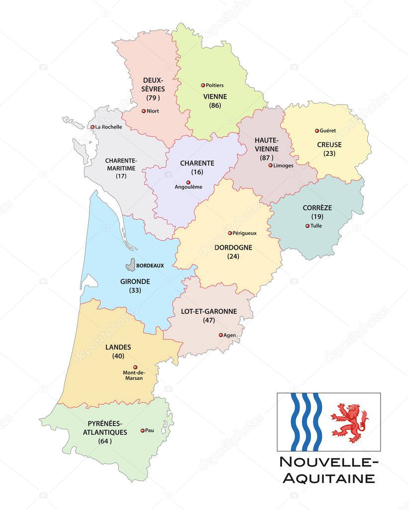 administrative and political vector map of the region Nouvelle-Aquitaine with flag