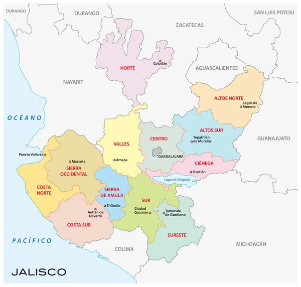 Jalisco Mappa Vettoriale Amministrativa Politica Messico — Vettoriale Stock