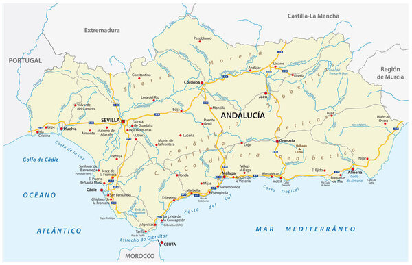 road vector map of the autonomous community of andalusia, spain