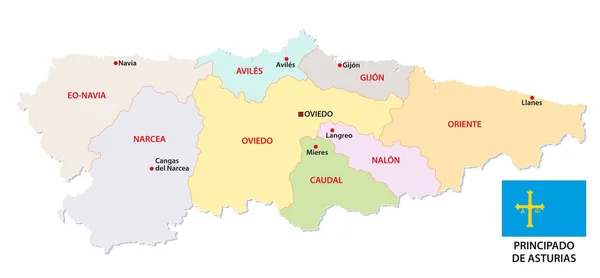 Asturias Mapa Vectorial Administrativo Político Con Bandera — Archivo Imágenes Vectoriales