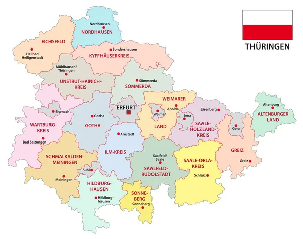 Thuringia Mappa Vettoriale Amministrativa Politica Con Bandiera — Vettoriale Stock