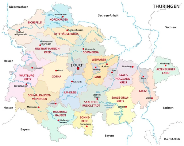 Thuringia Mappa Vettoriale Amministrativa Politica — Vettoriale Stock