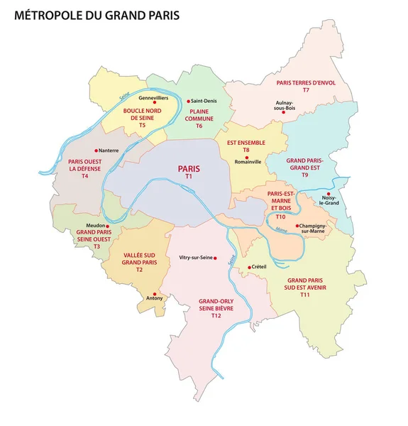 Metropoli Della Grande Parigi Mappa Vettoriale Amministrativa Politica Francia — Vettoriale Stock