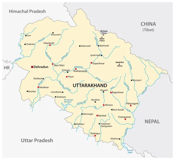 Mappa Vettoriale Dello Stato Indiano Settentrionale Uttarakhand India — Vettoriale Stock