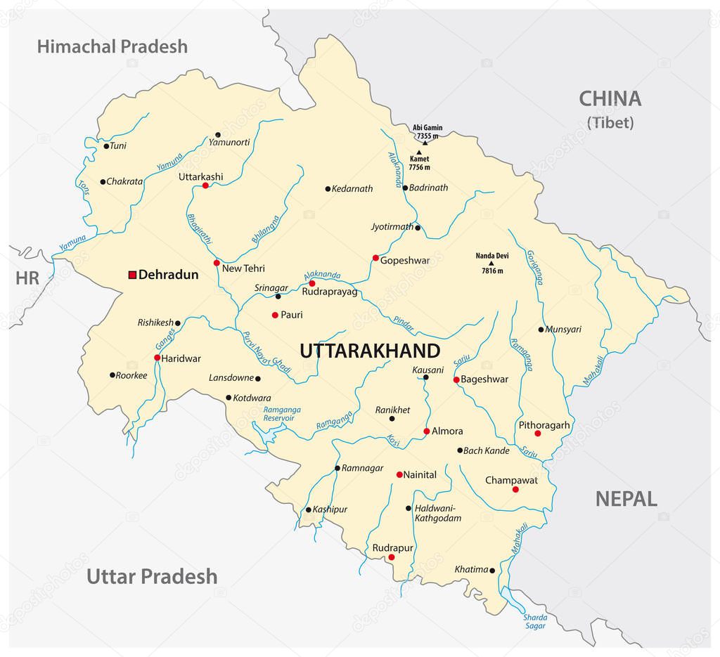Vector map of the north Indian state of Uttarakhand, India