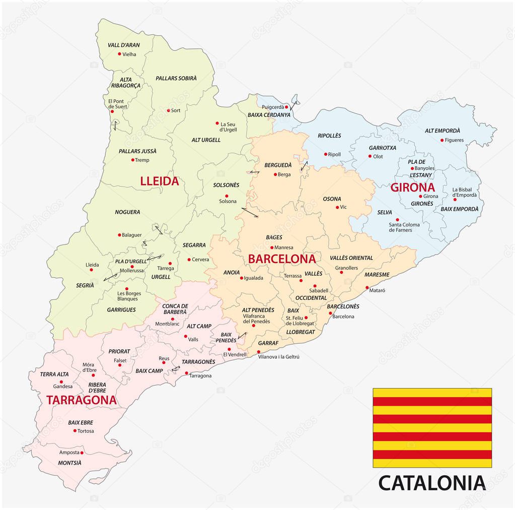 Catalonia administrative and political vector map with flag.