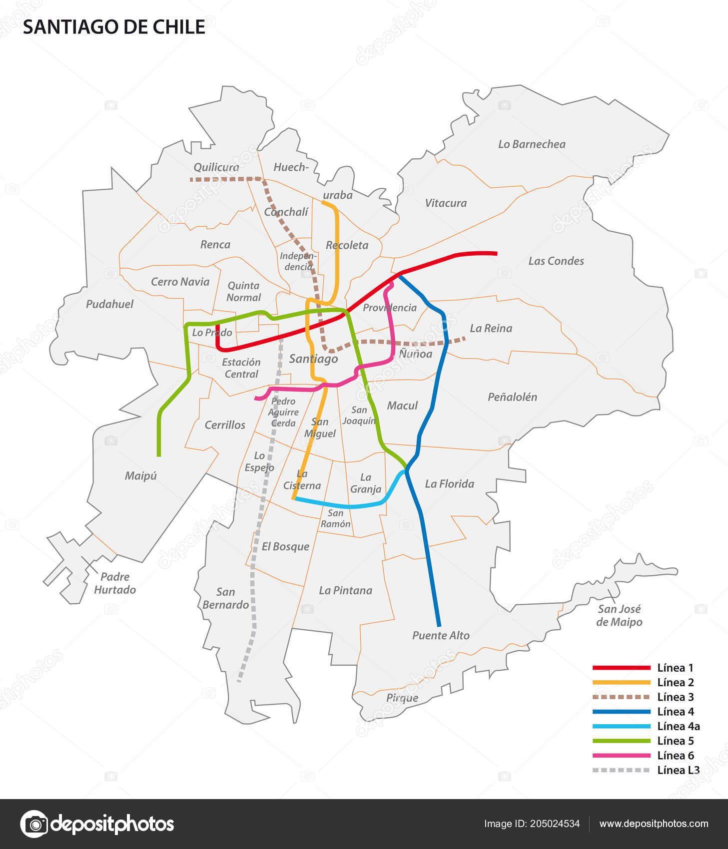 Векторная Карта Метро Сантьяго Векторное Изображение ©Lesniewski.