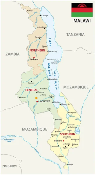 República Malawi Administrativ Mapa Político Con Bandera — Vector de stock