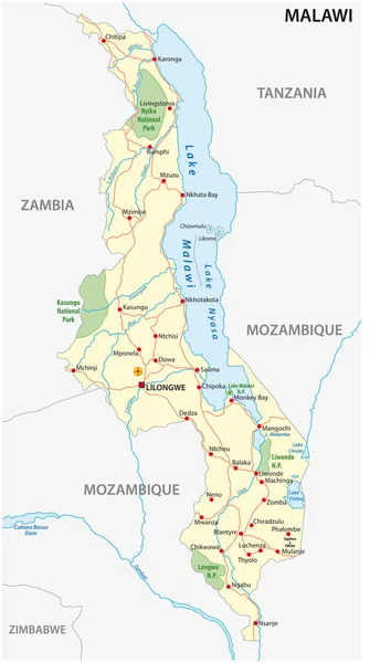 República Malawi Road Mapa Vetorial Parque Nacional — Vetor de Stock