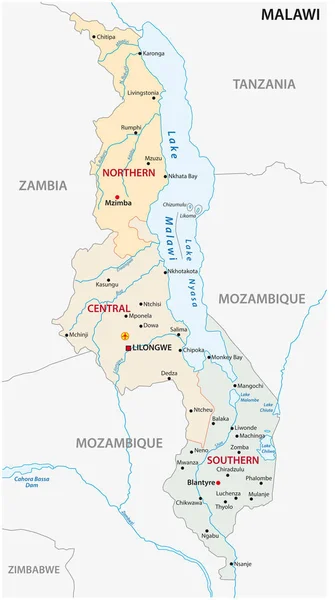 República Malawi Mapa Administrativo Político — Vector de stock