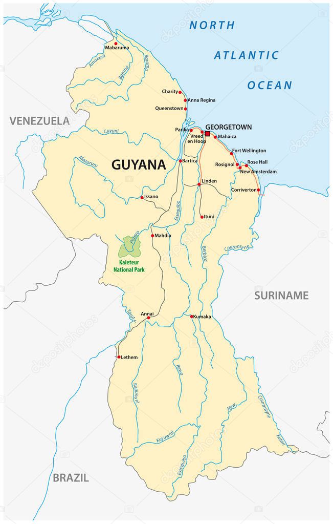 Republic of Guyana road vector map.
