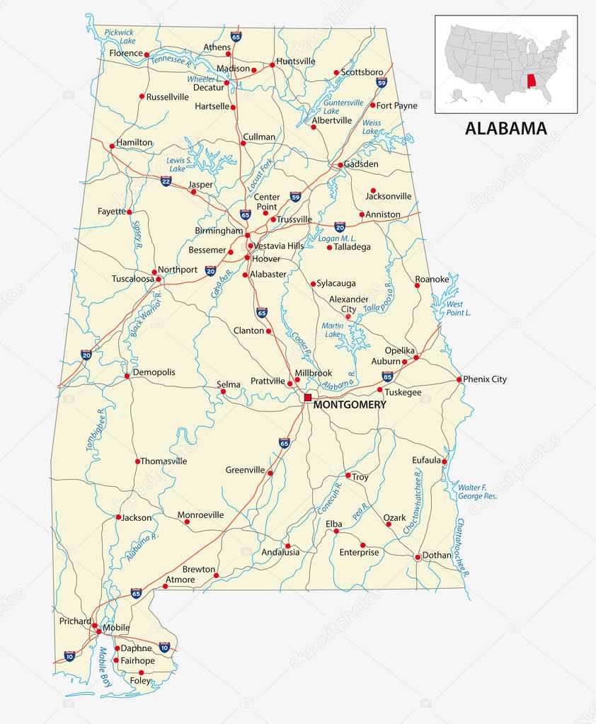 road map of the US American State of Alabama