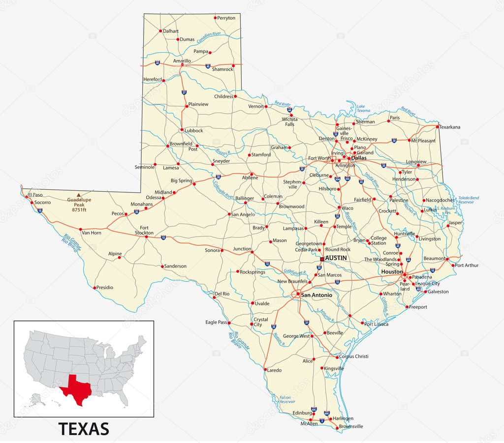 road map of the US American State of Texas.