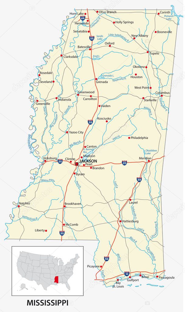 road map of the US American State of mississippi.