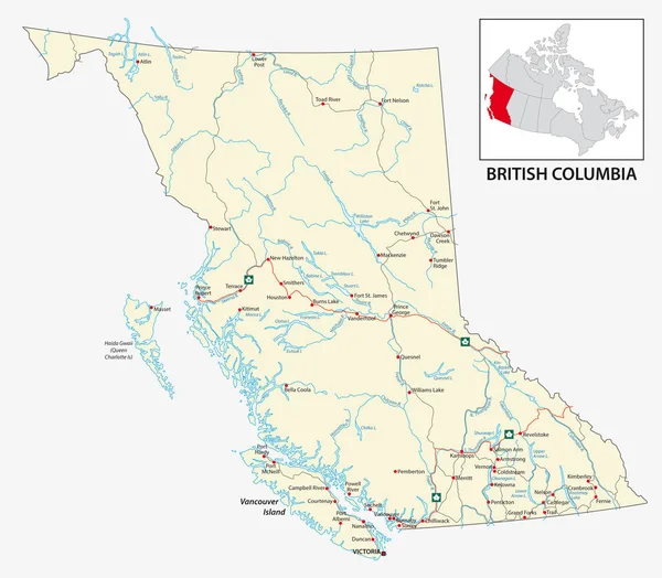 Mappa Stradale Della Provincia Canadese Della Columbia Britannica — Vettoriale Stock