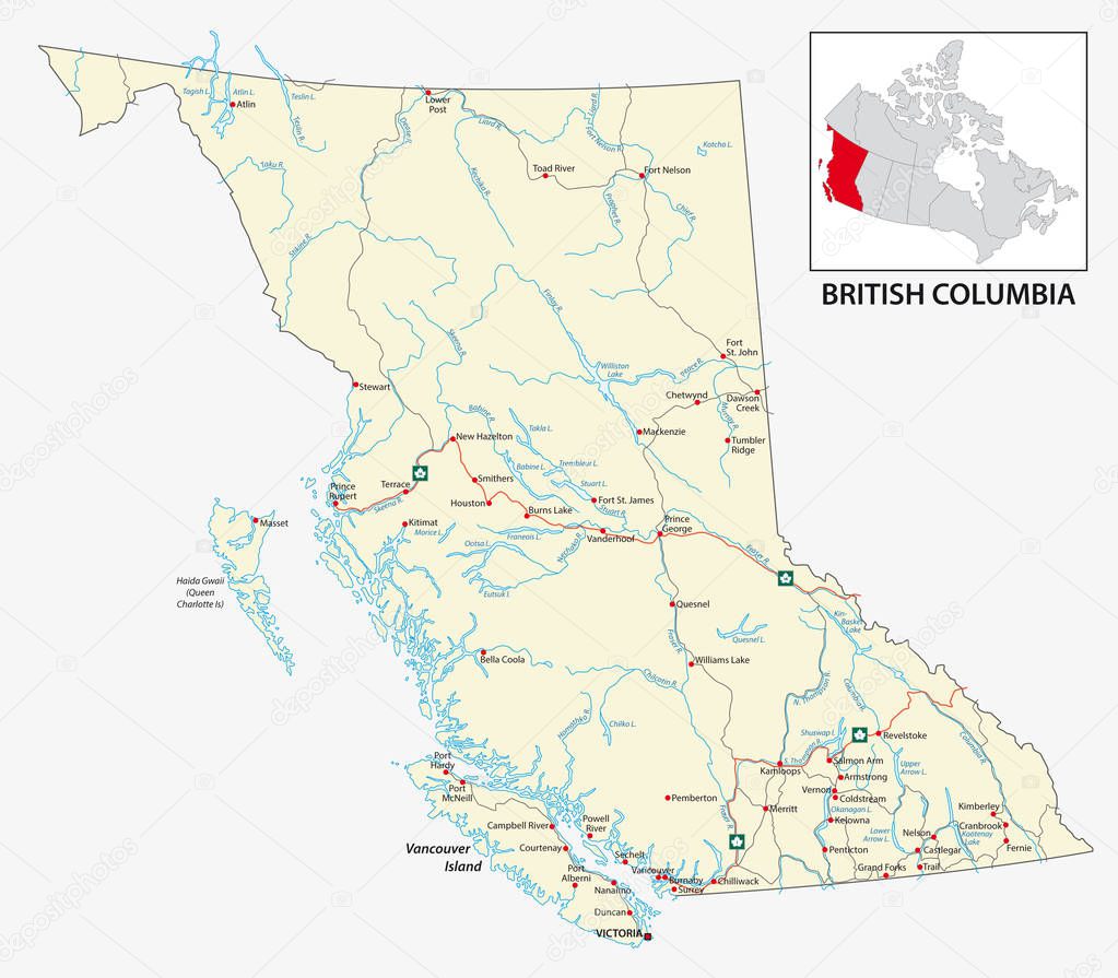 Road map of the Canadian province of British Columbia.