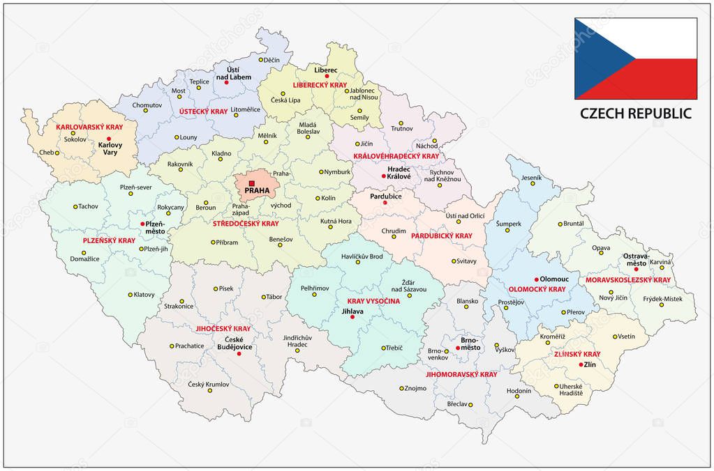czech republic administrative and political map with flag.
