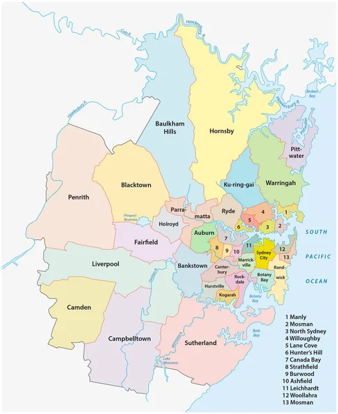 Sydney Metropolitan Administrative Political Vector Map — Vettoriale Stock