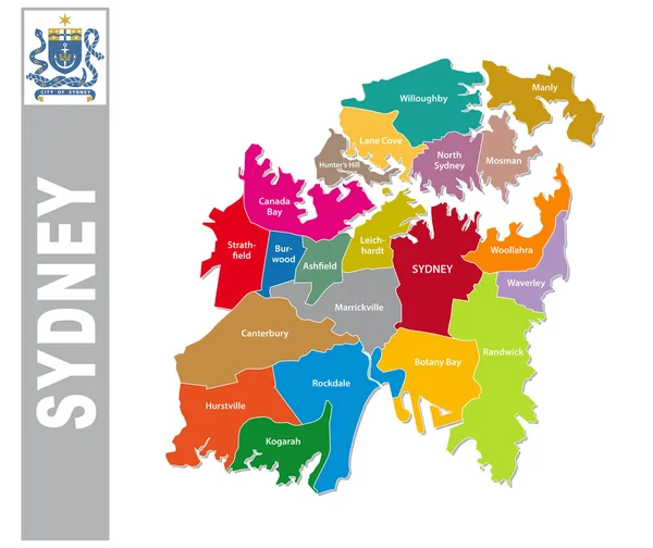 Colorata Mappa Amministrativa Politica Sydney Con Stemma — Vettoriale Stock