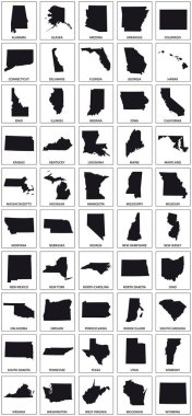 black silhouette maps of 50 us states. clipart