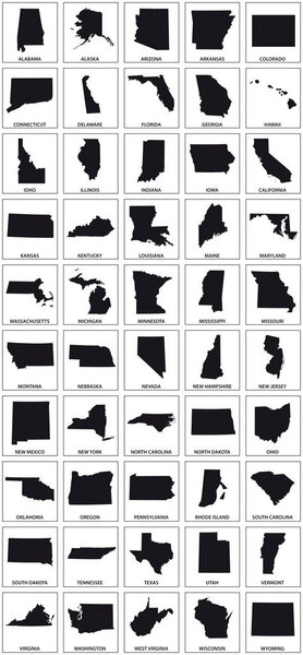 black silhouette maps of 50 us states.