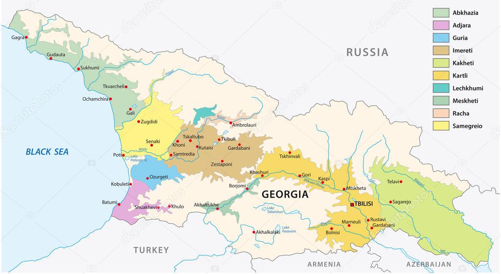 Wine producing regions of Georgia vector map.
