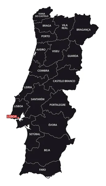 Portugal Negro Mapa Vectorial Administrativo Político — Archivo Imágenes Vectoriales